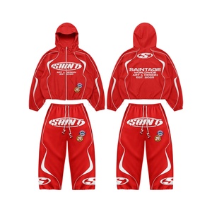 SAINTAGE <b>Red</b> Hooded Tracksuit Set Full Zip Sporty Jacket Elastic Waist Pants Unisex Adults Spring Quick Dry Polyester <b>Suit</b> - Product Image 1