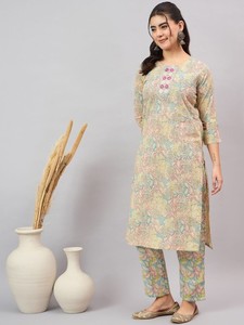 <b>women</b> ethnic Beige Floral Printed Sequined Pure Cotton Kurta With <b>Trousers</b> indian pakistan salwar kameez - Product Image 6