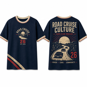 เสื้อยืดสไตล์อเมริกันแนวครูซ คัลเจอร์ ร็อดทริป ลายกราฟิกคลาสสิค สำหรับชมรมรถคลาสสิค งานพาเหรด  แบบวินเทจ - Product Image 3