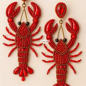 Boho Red Crawfish <b>Beaded</b> Earrings Gold Outline Pearl Accent Seafood Jewellry - Product Image 1
