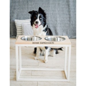 Mangeoire double en bois de luxe pour animaux de compagnie avec bols en métal argenté Station d'alimentation surélevée pour chiens et chats Designer moderne Nourriture et eau pour animaux de compagnie - Product Image 2