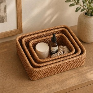 Juego de 3 Cestas Ovaladas de Ratán con Borde Trenzado, Hechas a Mano, Ecológicas, Almacenamiento Natural, Modernas, Multifuncionales, Artex Green Earth, Hechas en Hanoi - Product Image 1