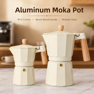 Cafetière Moka en aluminium blanc de style italien pour expresso, avec poignée en bois de hêtre, 150 ml, 300 ml, 450 ml, 600 ml, vente en gros - Product Image 1