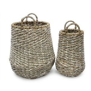 Natural Seagrass Recycled <b>Plastic</b> <b>Basket</b> Set Tapered Urn Vase Arch Handle Planter Pot Organizer Setup Decor Pure Art Room Design - Product Image 1