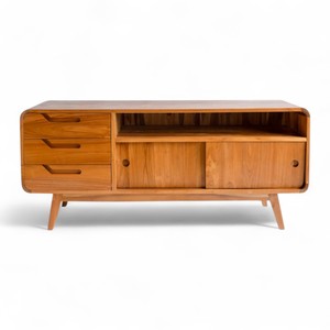 Soporte de TV de madera maciza de teca de estilo escandinavo con 3 cajones, puertas correderas, armario de almacenamiento de madera para el hogar, sala de estar o Villa - Product Image 4