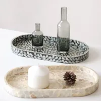 Plateau de service multifonctionnel élégant en laque avec incrustation de nacre ovale, fait main, style bohème, portable pour la cuisine - Vente en gros