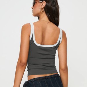 Women's Hip Hop Short Slim Fit Ribbed Knitted Tank <b>Top</b> Crew Neck Color Contrast Stretchy Soft Breathable 100% Cotton - Product Image 5
