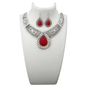 Urthn <b>Statement</b> <b>Necklace</b> 1110063C Rhodium Plated Maroon Turquoise Stone Fashion Jewelry Set - Product Image 1