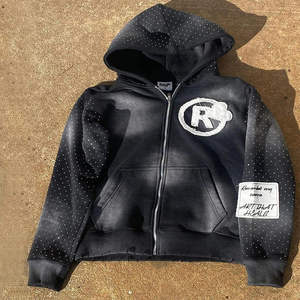Streetwear Custom Acid Wash <b>Embroidery</b> Rhinestone Zip Hoodie Sweatpants Jogger <b>Set</b> Unisex Regular Fit Winter Maternity - Product Image 1