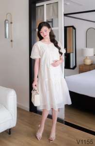 Vestido de maternidad con un diseño recto hecho de material de gasa de seda bordada suave Cómodo de llevar V1155 No decolorado - Product Image 6