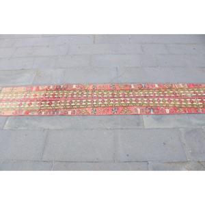 พรมวินเทจตุรกีขนาด 1.3x9.5 ฟุต, พรมปูพื้น, พรมขนสัตว์โมร็อกโกสีแดงน้ำเงิน - Product Image 4