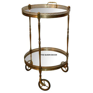 Home <b>Storage</b> Serving Brass Metal Round Shape Mirror Glass Top Gold Finish Serving Trolley Rolling <b>Cart</b> for Drinks - Product Image 1