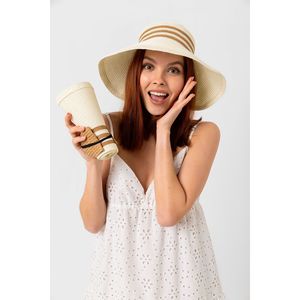 Beige Sun Protection Hat with Open Top Stripe Detail, Foldable <b>Straw</b> <b>Visor</b> Hat HSR2079 - Beige4 - Product Image 3