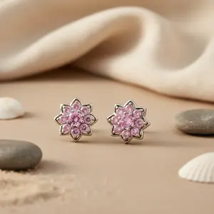 Pendientes de Botón con Flor de Zafiro Rosa de Moda para Mujer, Plata de Ley Chapada en Oro de 14K y 18K con Diamante, Regalo - Product Image 3