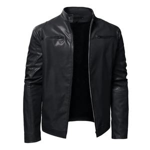 Chaqueta de moto de cuero negro de otoño para hombre con cuello levantado, ropa de calle con cremallera de Color sólido, abrigo de motorista cálido para invierno - Product Image 3