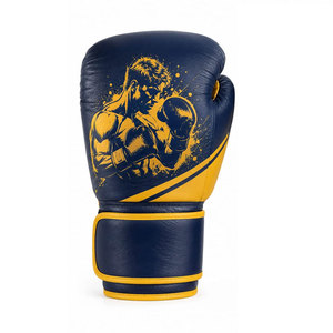 Professional Boxing <b>Gloves</b> <b>Leather</b> <b>Navy</b> Blue Yellow Silk Screen Print Velcro Closure Breathable Adult Training Gear - Product Image 2
