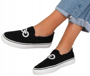 Zapatos de lona negros sin cordones para mujer con diseño de cadena blanca-Pisos casuales para uso diario - Product Image 6
