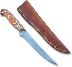 Couteau de pêche à filet en acier damassé fait à la main avec traversins en laiton Pakka manche en bois gaine en cuir - Product Image 1