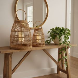 Lanterne artisanale en rotin et jute avec tube en verre |   Éclairage de luxe écologique et coupe-vent pour la décoration de la maison et des hôtels - Product Image 5