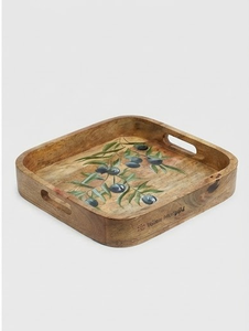Bandeja Cuadrada Rústica de Madera con Diseño de Rama de Olivo, Hecha a Mano, Multifuncional, con Asa, para Servir en Bodas y Decoración del Hogar - Product Image 1
