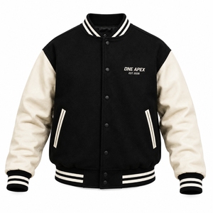 Chaqueta de Béisbol Clásica con Capucha ONEAPEX Negra y Blanca Personalizada, Mangas de Lana y Cuero, Invierno, Fabricante OEM ODM - Product Image 1