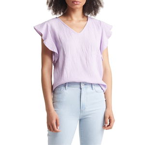 Top da donna a V con maniche a volant, in chiffon viola floreale, stile coreano, taglia XL, per primavera/estate - Product Image 1