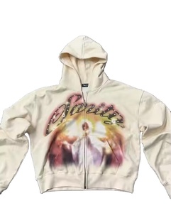 Custom Logo Dtg Print Graphic Cut and Sew Hoodies High Quality 450GSM Cotton Street Wear <b>Cropped</b> Rhinestone Zip up Hoodie <b>Men</b> - Product Image 6