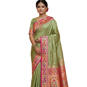 Saree Sutra Banarasi Murni Lembut Eksklusif Terbaik untuk Festival Ganesh Chaturthi, Termasuk Kain Blus, Cocok untuk Pesta Musim Panas dan Dingin - Product Image 1