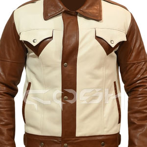 Veste en cuir unisexe de style rétro marron et beige, couleur contrastée, streetwear tendance, vêtement d'extérieur avec fermeture à boutons - Product Image 5