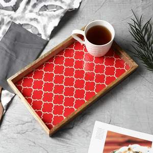 Plateau rectangulaire en bois de mangue rouge marocain, plateau de service en bois imprimé pour la décoration de la maison et l'organisation des ustensiles de cuisine et cadeau - Product Image 1