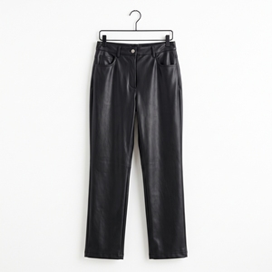 <b>Black</b> Faux Leather <b>Women</b> Pants High Waist Straight Leg Casual <b>Trousers</b> <b>with</b> <b>Pockets</b> - Product Image 3