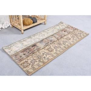 Alfombra Vintage de Lana Beige de Retazos Hecha a Mano Grande 1,8X4 pies Diseño Rectángulo Clásico para Entrada para Adolescentes Altura de Pila de Felpa - Product Image 2