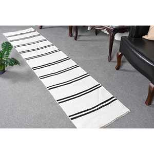 1.8x8.4 ft Vintage <b>Runner</b> <b>Rug</b>, White Black Turkish Animal Print Wool <b>Rug</b> - Product Image 1