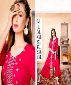 Designer Party Wear Coton Soie Rayonne Brodé Pierre Travail Beige Couleur Kurti avec Palazzo Indian Ladies Wear Dernière Collection Alphanumero - Product Image 5