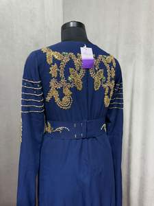 Royal Navy Blue Hand-Embroidered <b>Kaftan</b> Abaya Golden Zari Work Modest <b>Long</b> Sleeve Floor Length <b>Dress</b> for Parties ODM Accessory - Product Image 2