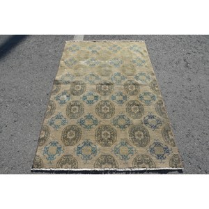 Alfombra clásica de lana azul Beige de 3,6x5,7 pies, diseño de retazos rectangular turco hecho a mano para sala de estar, dormitorio con respaldo de látex - Product Image 1