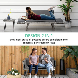 Outsunny Sofá de Jardín de Ratán de 2 Plazas con Acolchado y Reposabrazos Plegables, 129x63x67cm, Gris - Product Image 4