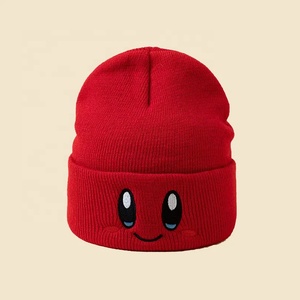 Cute Kirby <b>Hat</b> Winter Beanie Satin Lined Slouch Beanie with Cartoon Kirby Smiling Face Embroidered Y2K Beanies - Product Image 1