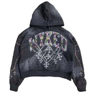Streetwear personnalisé broderie Patch hommes strass hommes sweat à capuche acide lavage soleil fané 400 GSM poids lourd à capuche hommes - Product Image 5
