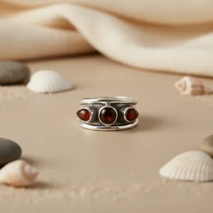 Art Palace AGR-20759 925 Silver Three Stone <b>Garnet</b> <b>Ring</b> Bezel Setting Bohemia Style Unisex Everyday Wear - Product Image 2