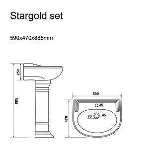 Lavabo sur pied Star Gold, finition dorée, céramique, lavabo de salle de bain de luxe, design moderne, cuisine extérieure haut de gamme - Product Image 2