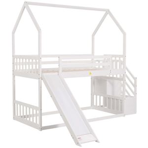 Lit superposé en bois taille double avec toboggan, cadre de toit, échelle et barrières de sécurité, lit mezzanine de style Montessori pour la chambre des enfants - Product Image 3