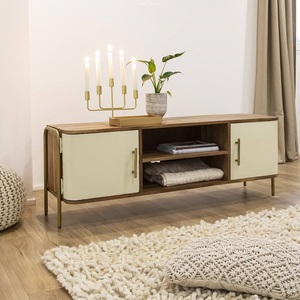 Soporte moderno de madera de mango para TV, acabado de latón y hierro, muebles multiusos para granja, comedor, sala de estar, opciones de almacenamiento de Hospital - Product Image 1