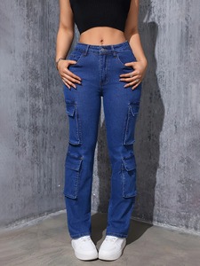 Pantalons de travail pour femmes jeans à jambe droite avec plusieurs poches jambe droite super élastique décontracté rétro taille haute confortable - Product Image 2