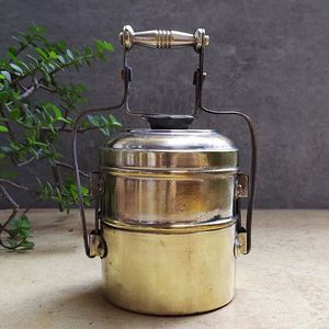 Elegant handcrafted brass tiffin <b>box</b> featuring <b>strong</b> handle and sturdy build perfect for everyday use at work or school - Product Image 3