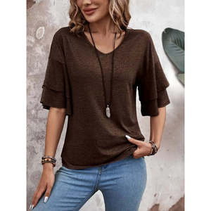 Blusa de viscosa de manga corta con cuello en V para mujer, 35663 - Café - Product Image 1