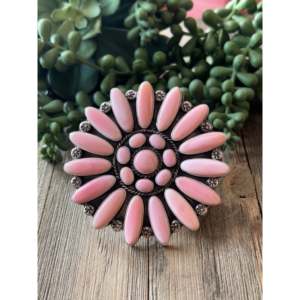 Navajo Made Pink Conch Sterling Silver <b>Adjustable</b> <b>Ring</b> Rose Gold Plated Bezel Set Inlay Trendy Fashionable Gift - Product Image 1