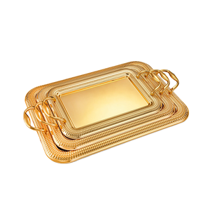 JUEGO DE 3 bandejas de servicio de oro de metal de tendencia con asa en forma de rectángulo para Hotel y restaurante bandejas de mesa para servir comida y bebida - Product Image 6