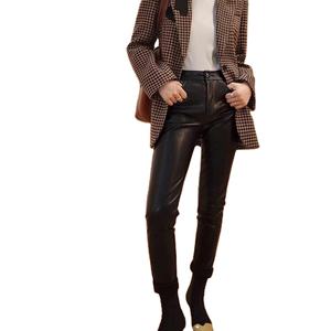 Pantalon en cuir véritable noir et blanc, pantalon en peau de mouton, classique, taille haute, skinny, leggings extensibles pour femmes, Pantalon Mujer - Product Image 4