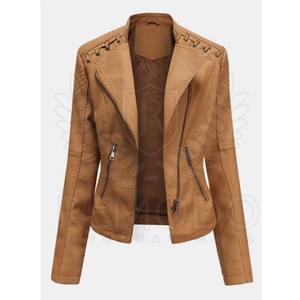 Veste de moto en cuir pour femmes à la mode avec fermeture à glissière tissu doux coupe moderne et ambiance streetwear authentique - Product Image 1
